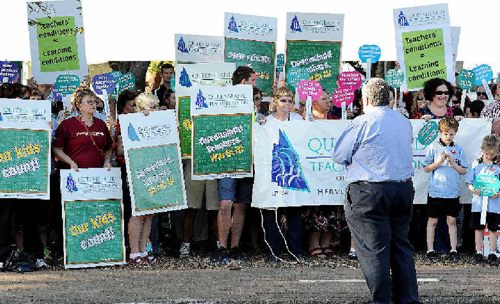 Teachers rallied outside MP Ted Sorensen’s office in Hervey Bay last month to protest job cuts. Teachers rallied outside MP Ted Sorensen’s office in Hervey Bay last month to protest job cuts.